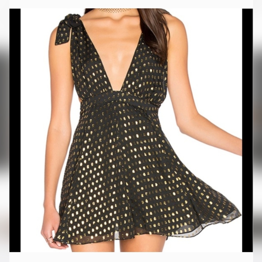 LPA Black Mini Dress with Gold Dot Tie-Shoulder Size Small. Prestige Condition